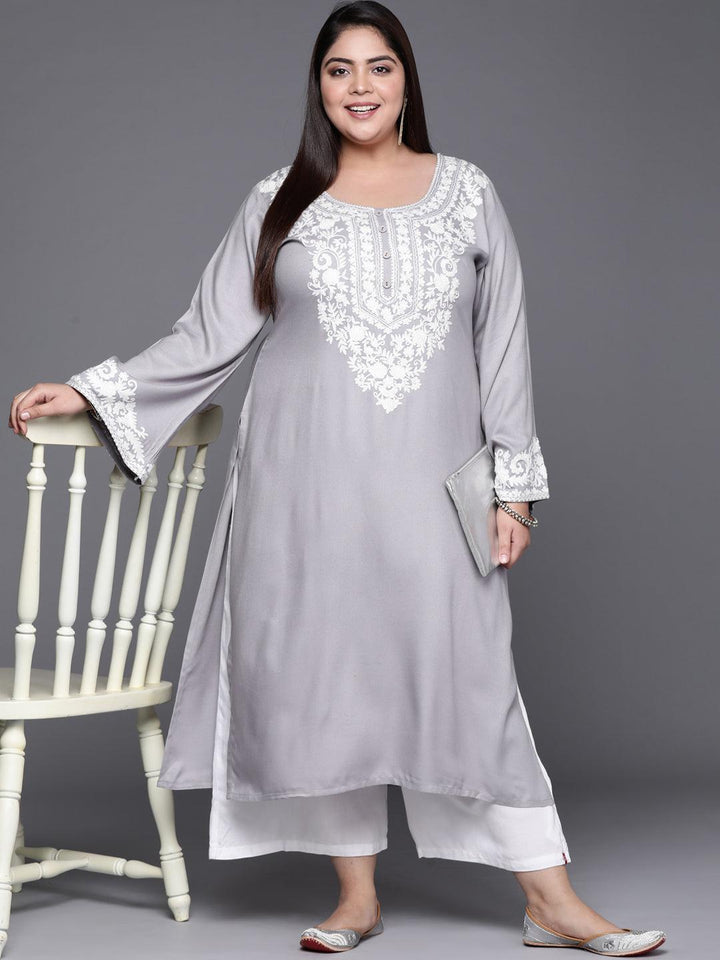 Plus Size Grey Embroidered Wool Kurta - ShopLibas