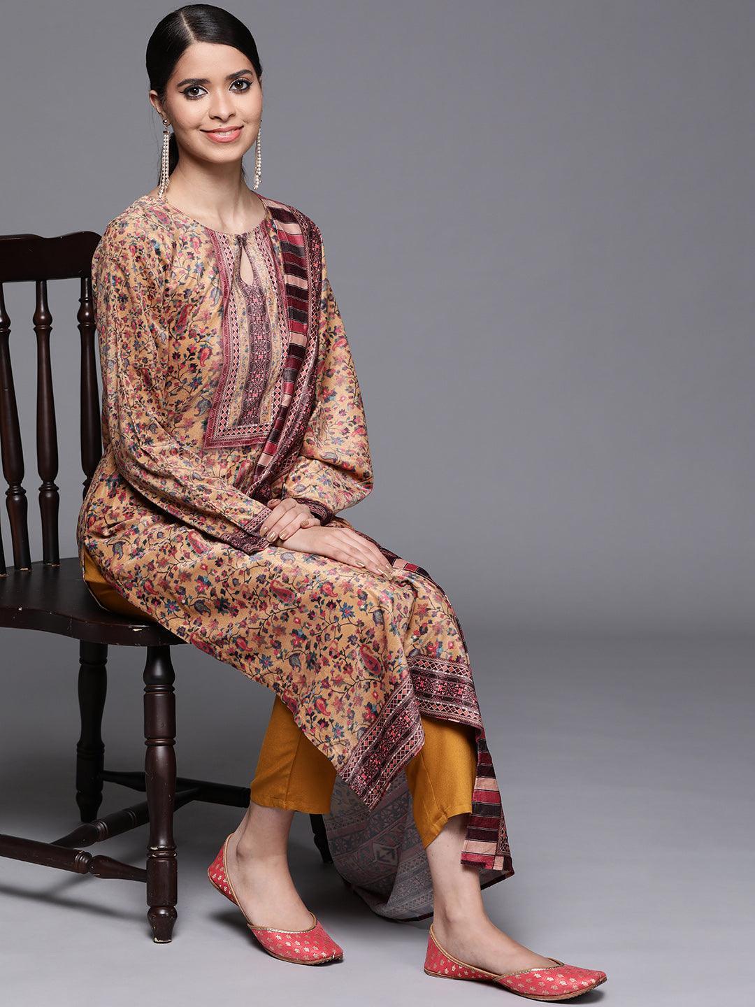 Mustard Printed Velvet Suit Set