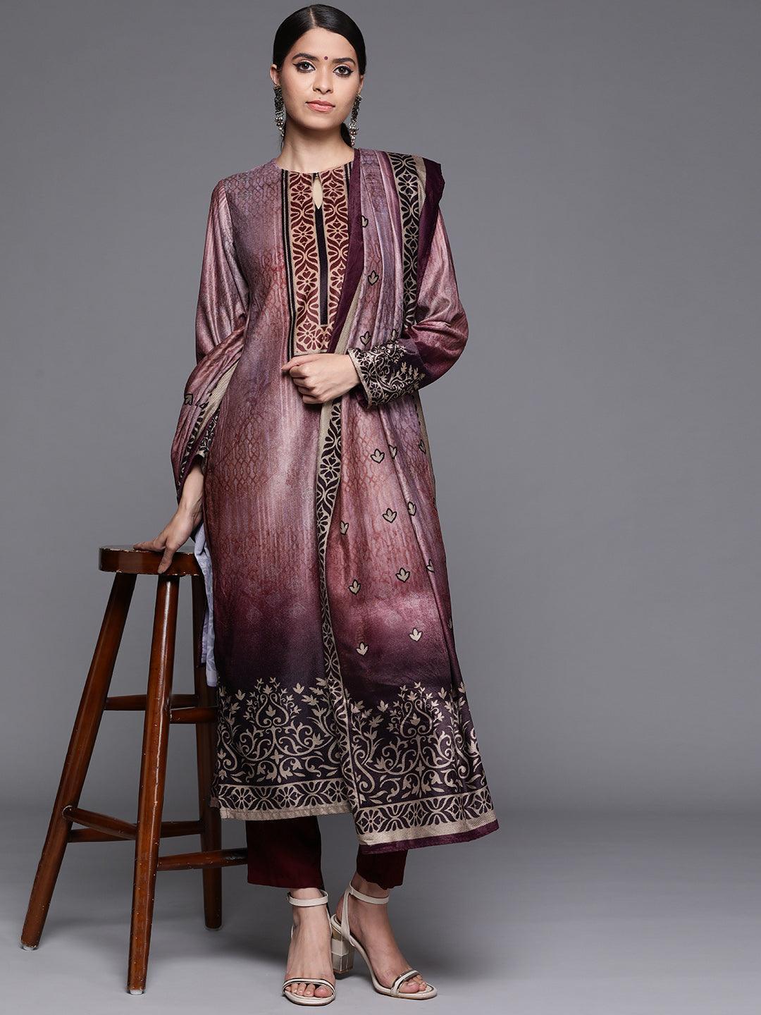 Mauve Printed Velvet Suit Set