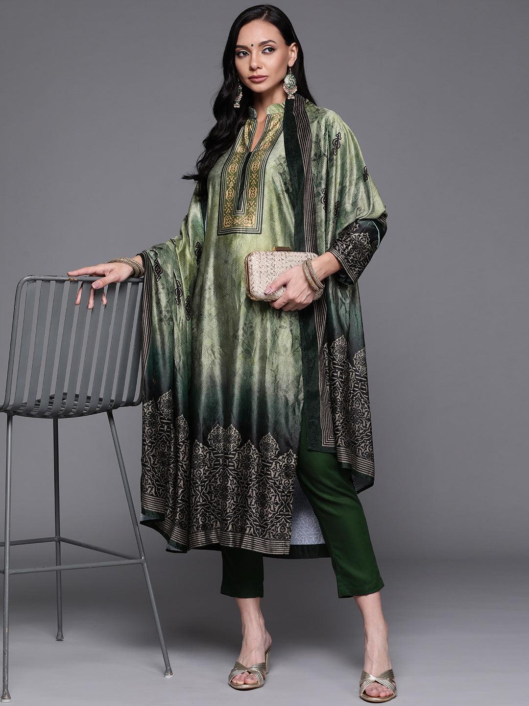 Green Printed Velvet Suit Set