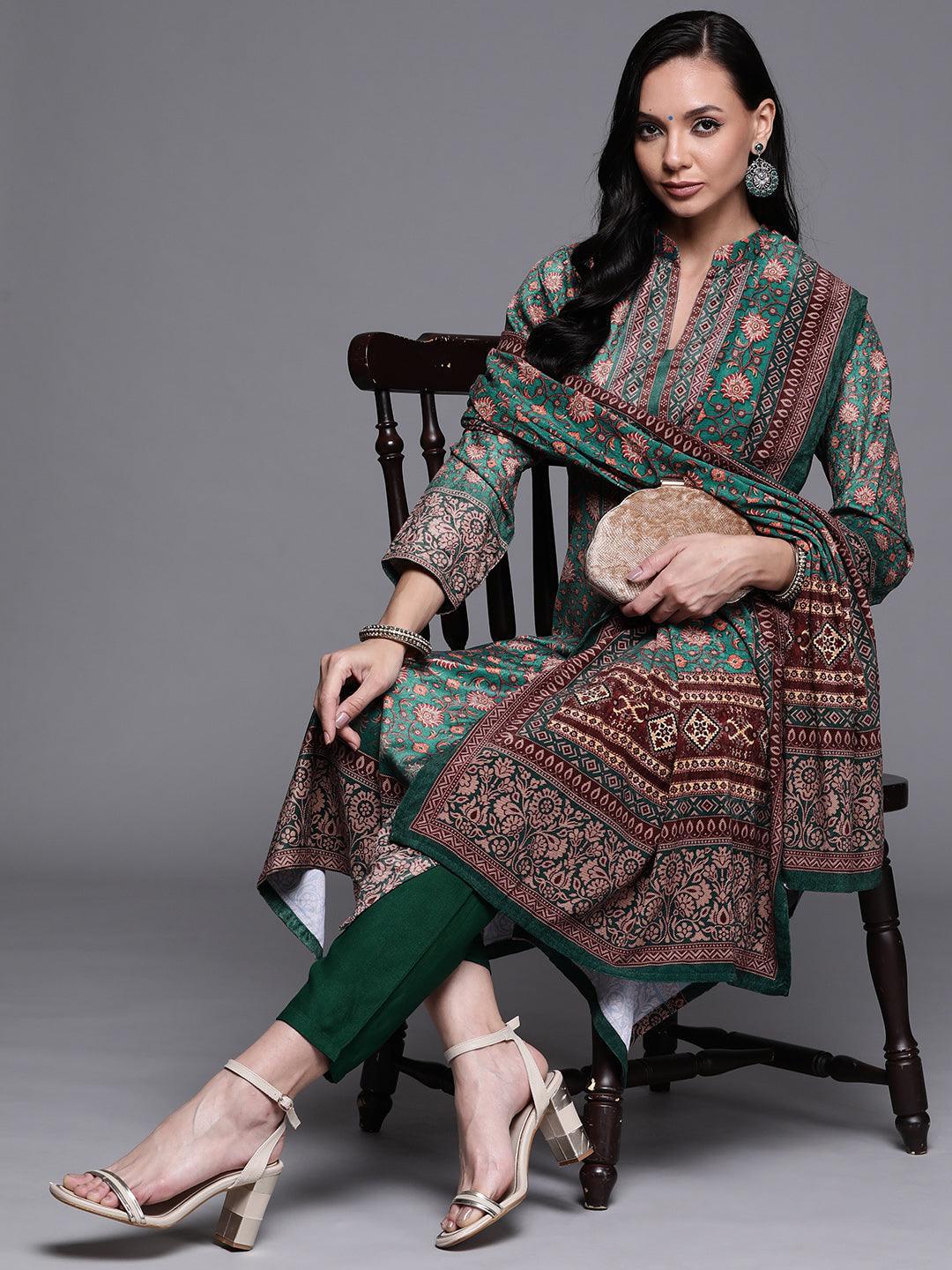 Green Printed Velvet Suit Set