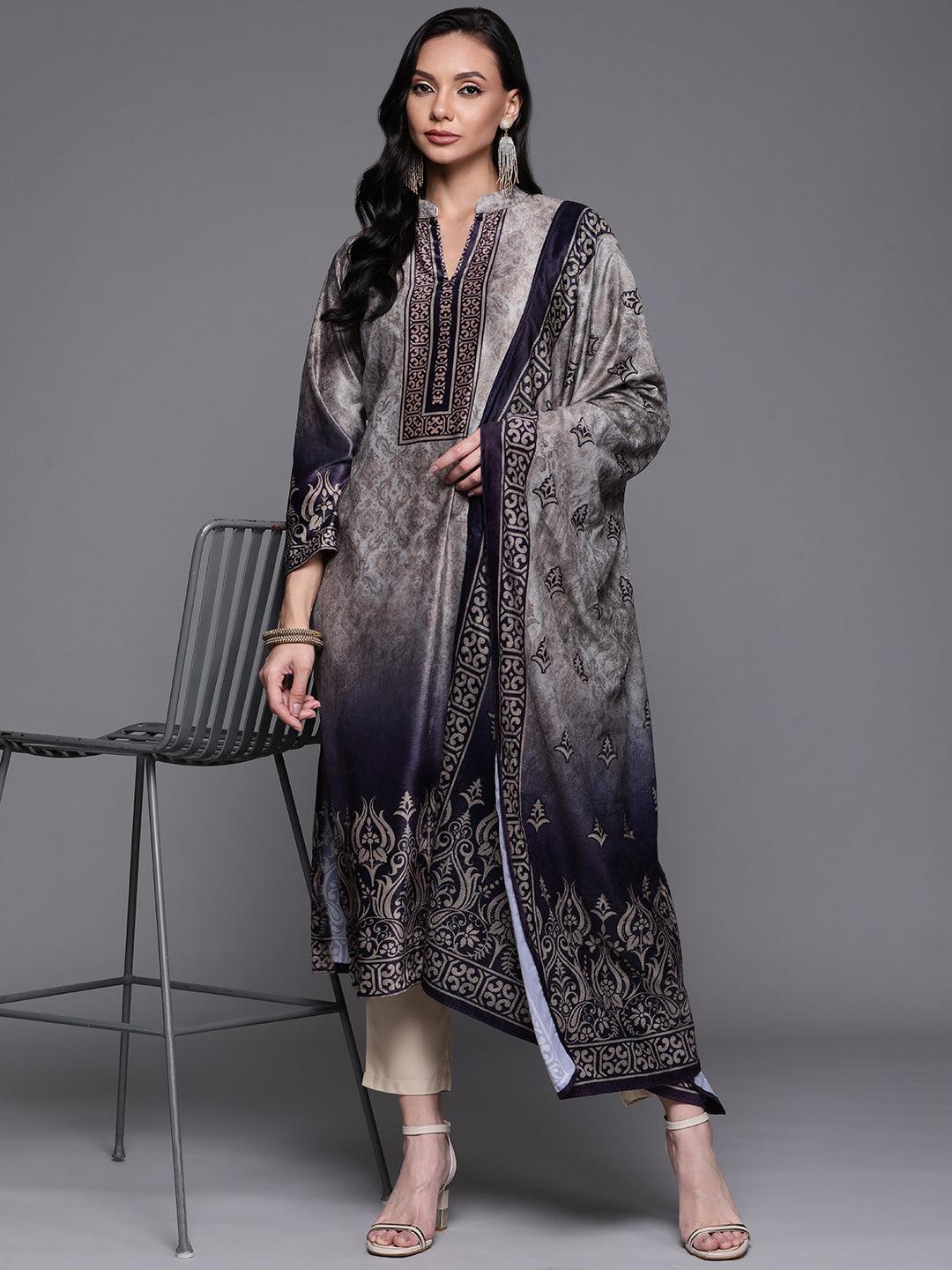 Grey Printed Velvet Suit Set - ShopLibas