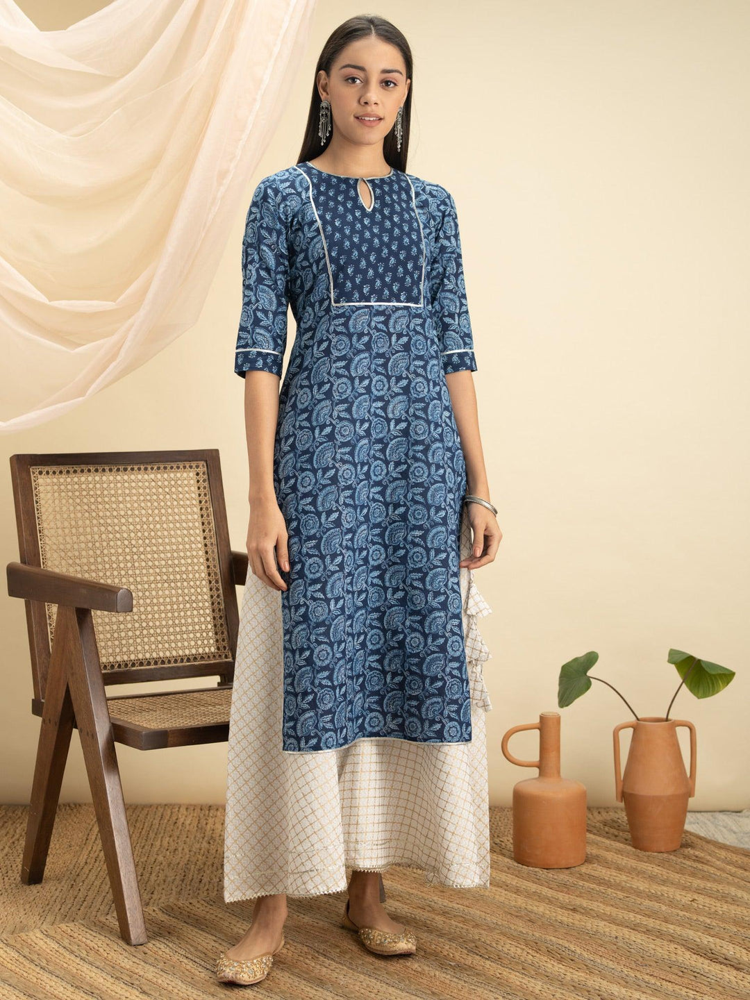 Indigo Printed Cotton Kurta - ShopLibas