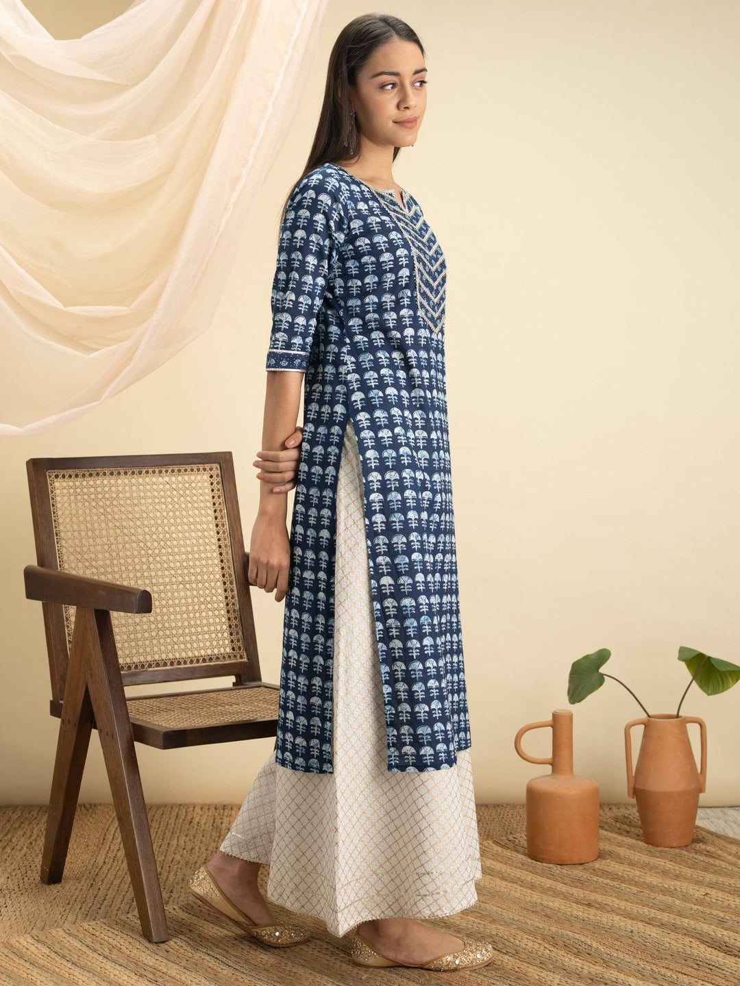 Indigo Printed Cotton Kurta - ShopLibas