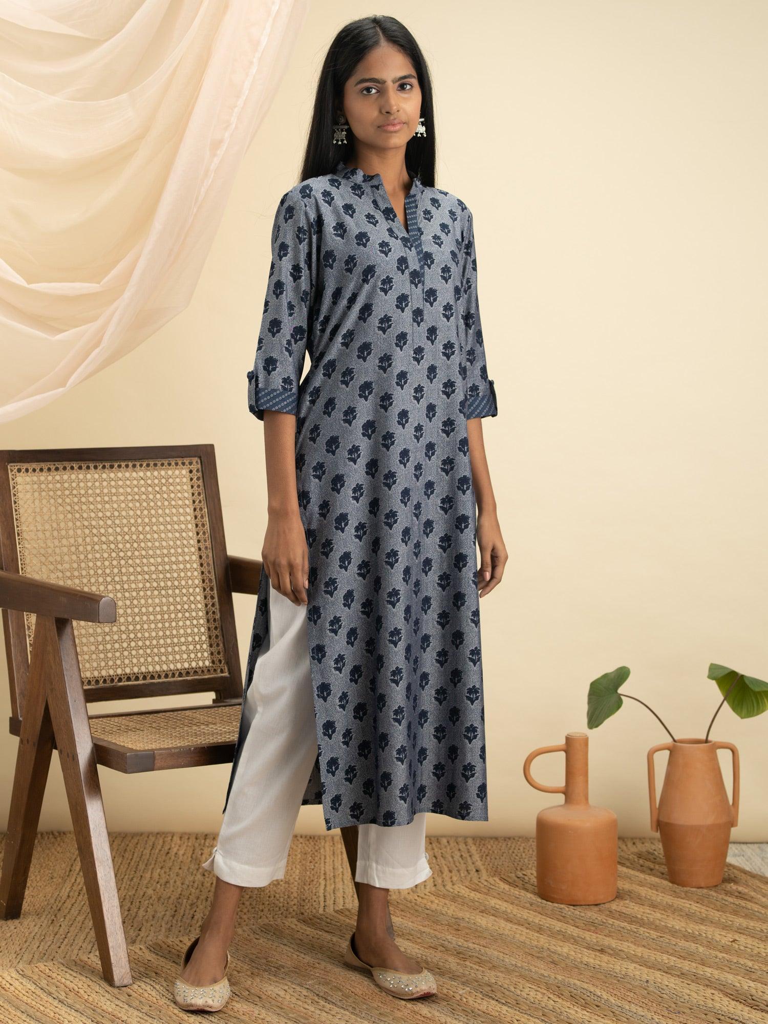 Indigo Printed Rayon Kurta