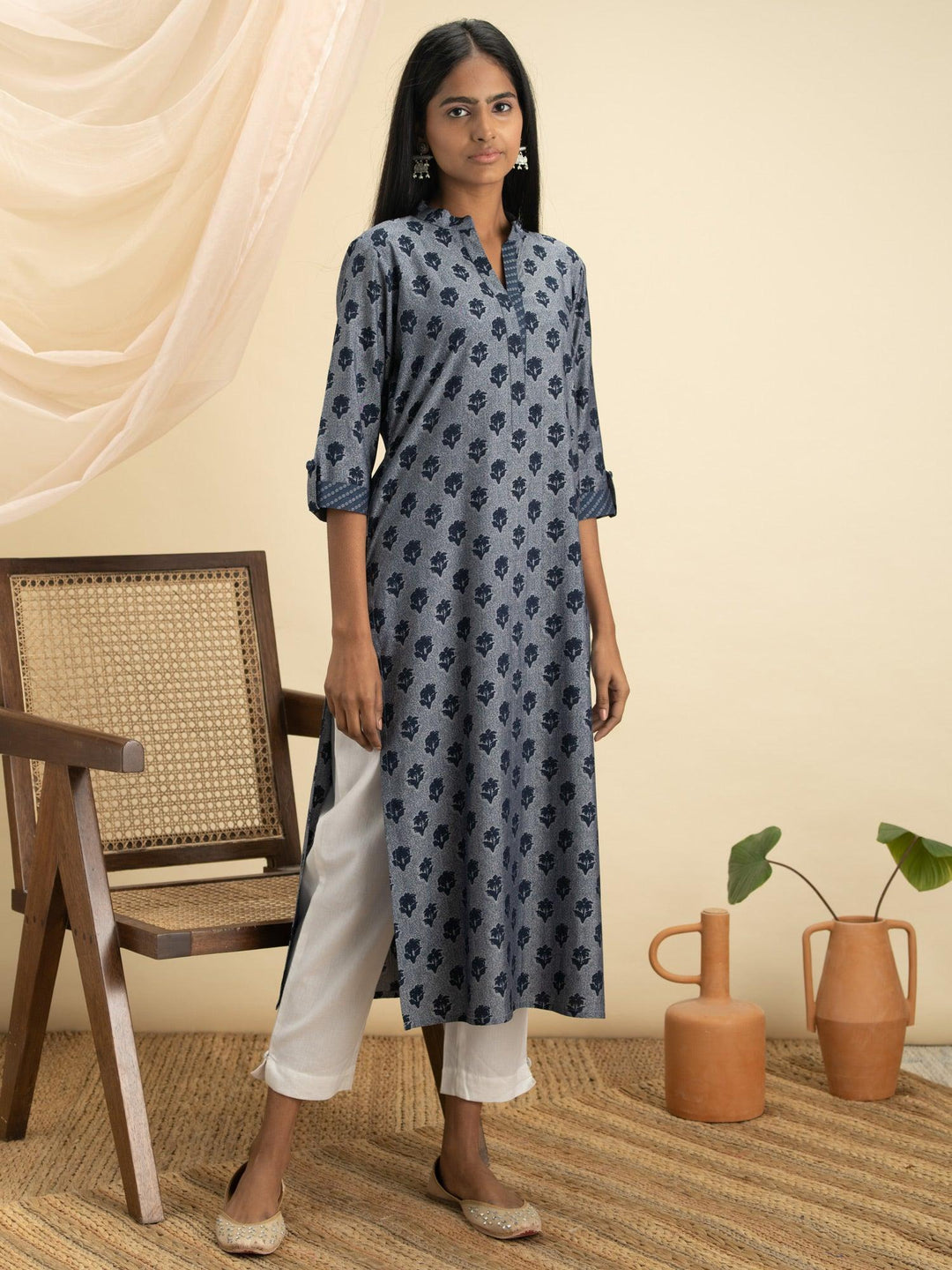 Indigo Printed Rayon Kurta - ShopLibas