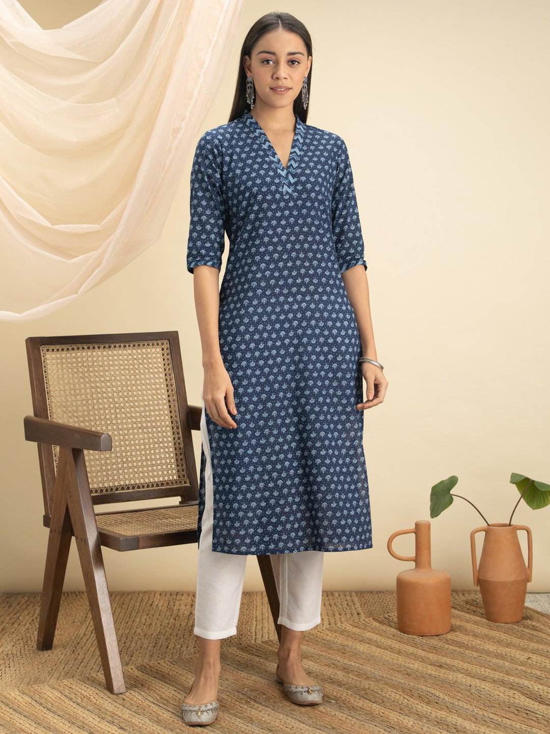 Indigo Printed Cotton Kurta - ShopLibas