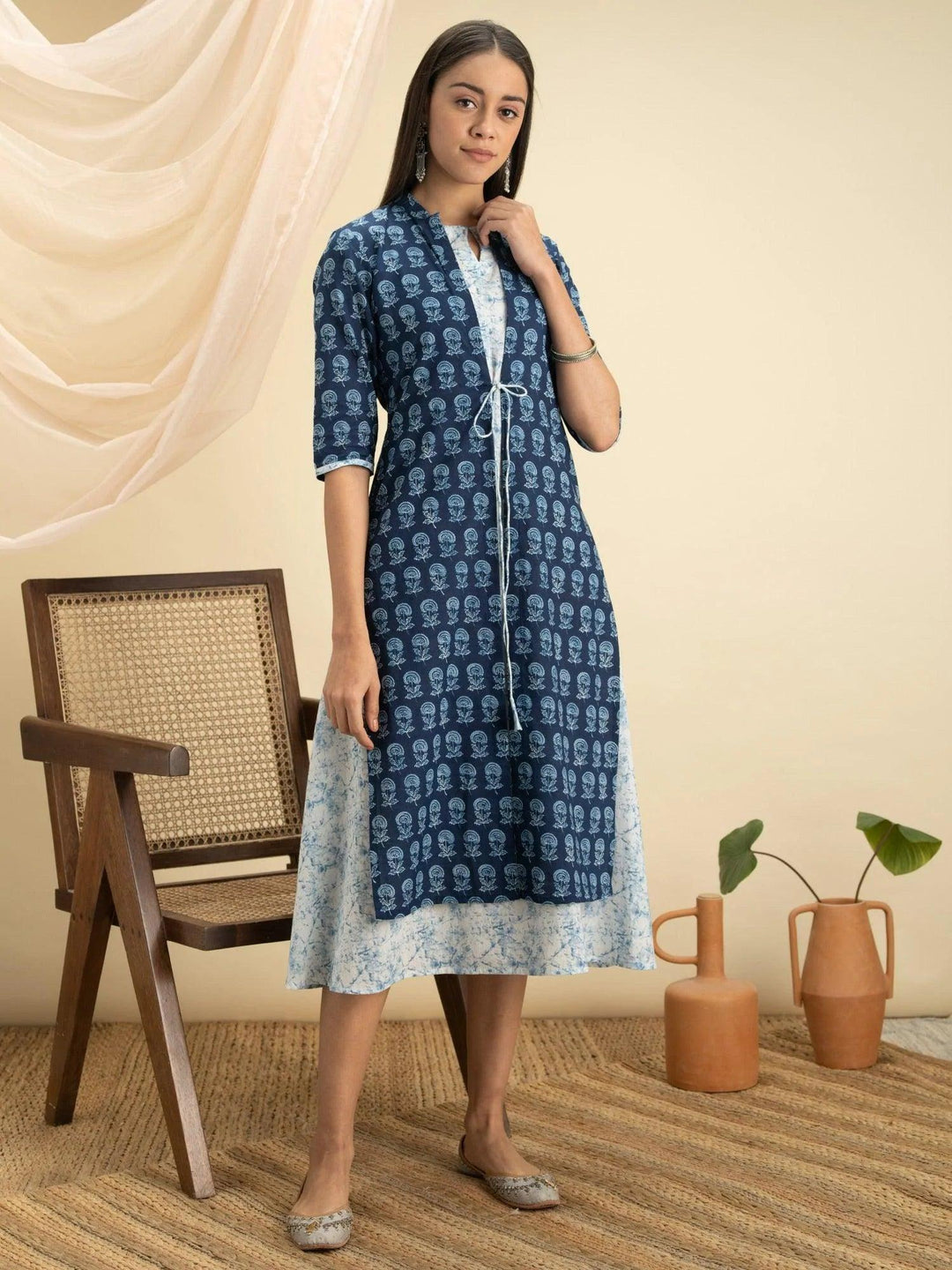 Indigo Printed Cotton Dress With Jacket - ShopLibas