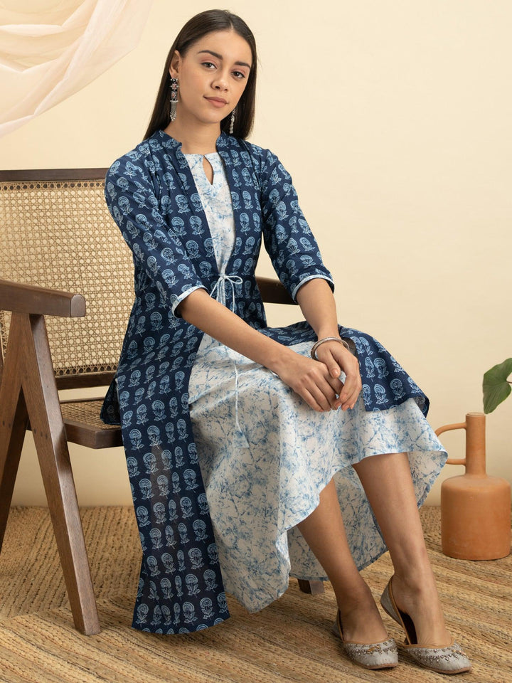 Indigo Printed Cotton Dress With Jacket - ShopLibas