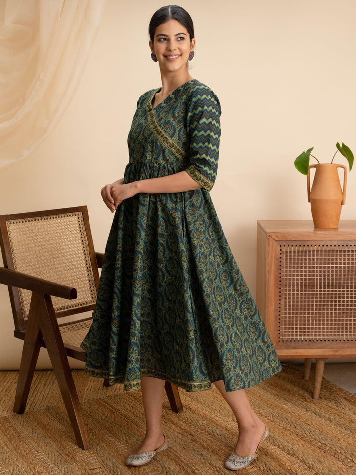 Green Printed Cotton Dress - ShopLibas