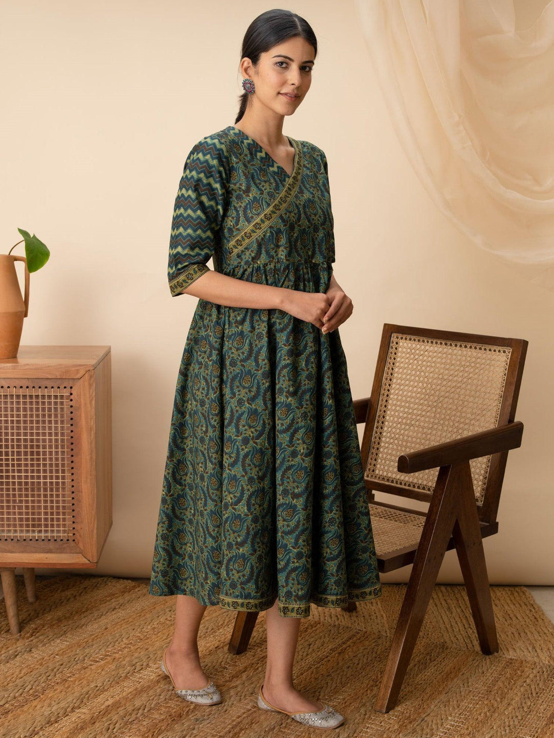 Green Printed Cotton Dress - ShopLibas