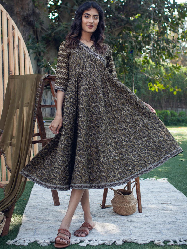 Olive Green Printed Cotton Dress - ShopLibas