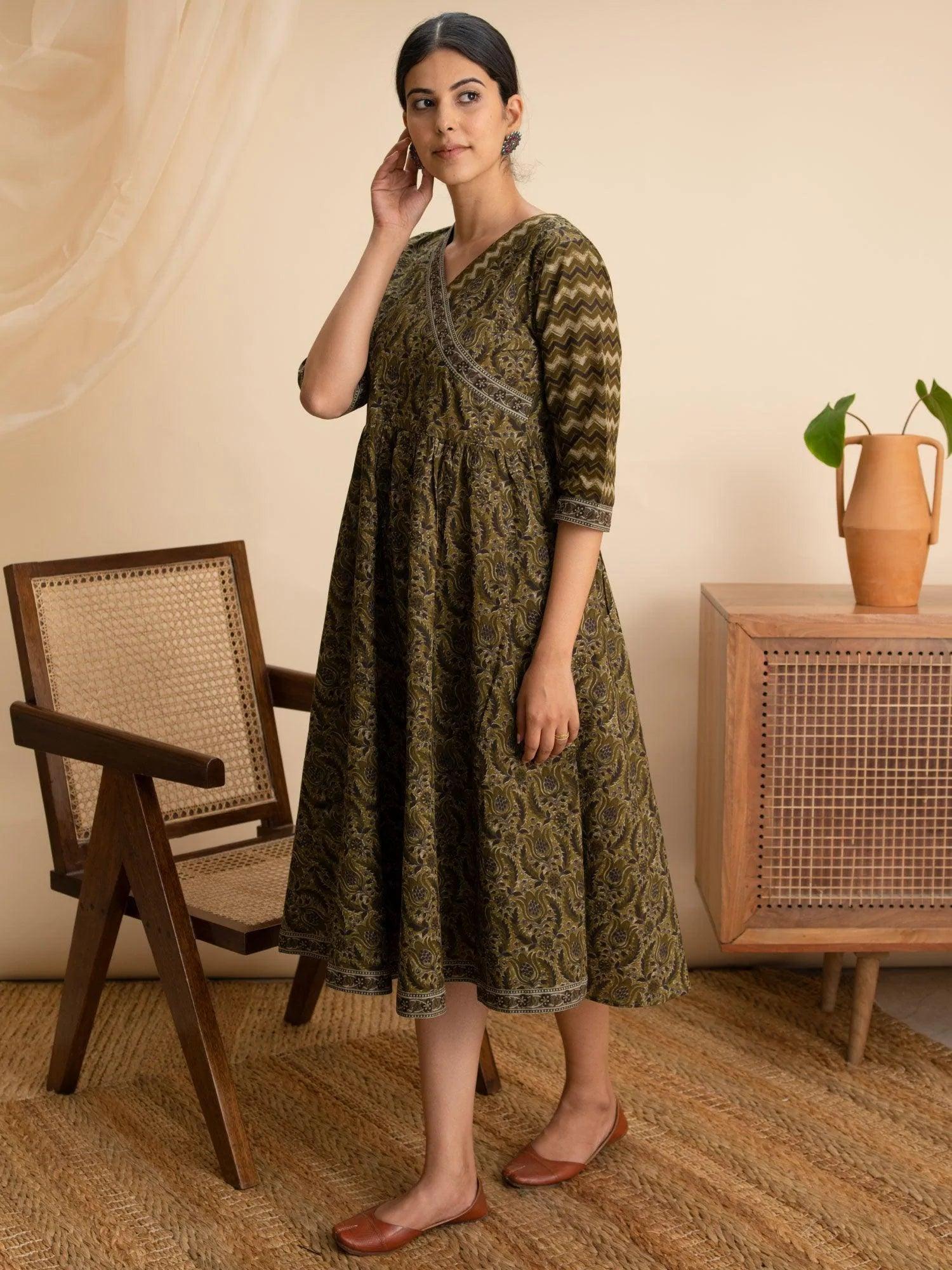 Olive Green Printed Cotton Dress