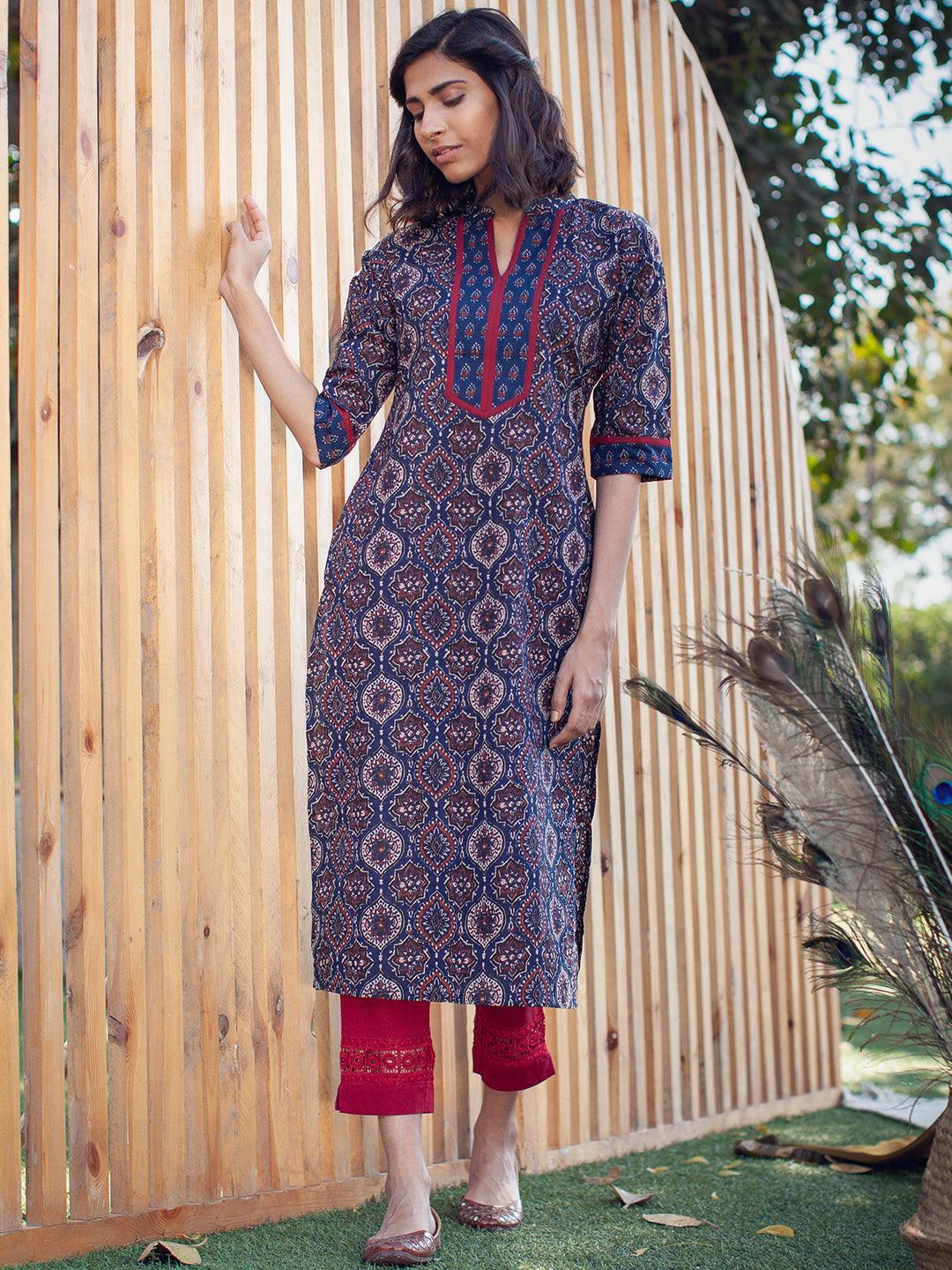 Blue Printed Cotton Kurta - ShopLibas