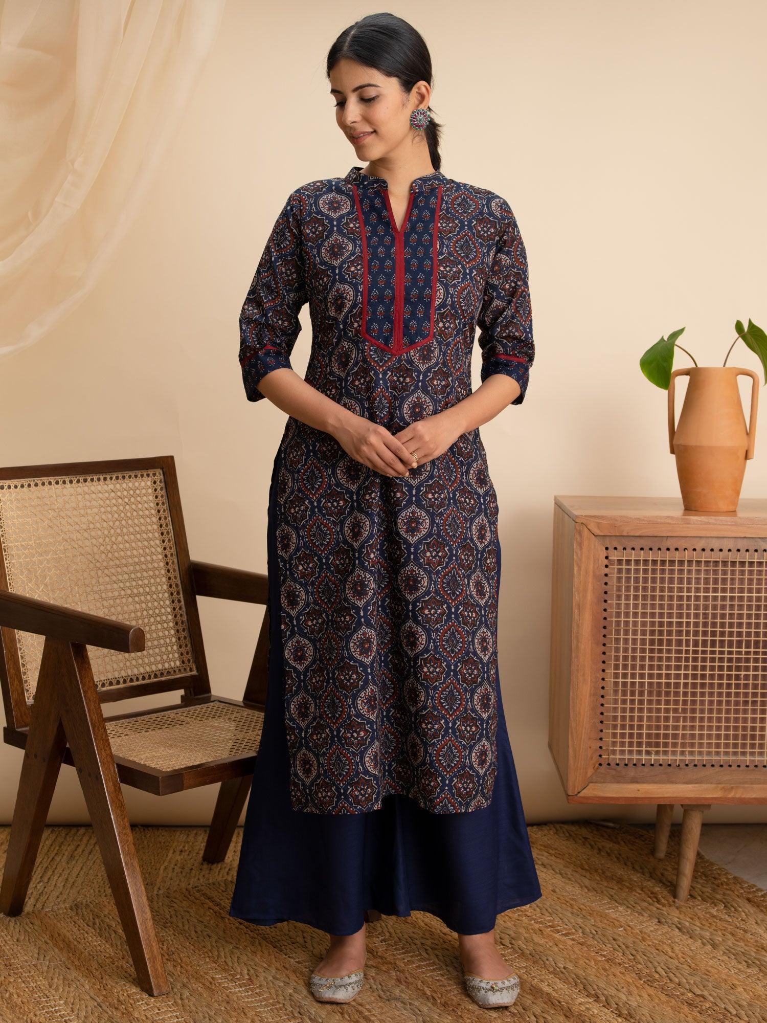 Blue Printed Cotton Kurta