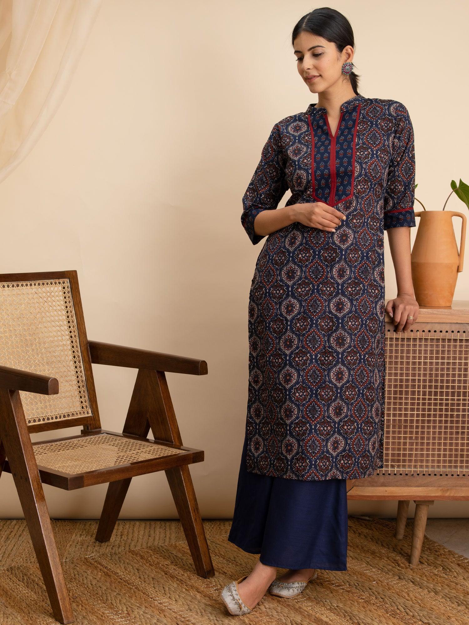 Blue Printed Cotton Kurta