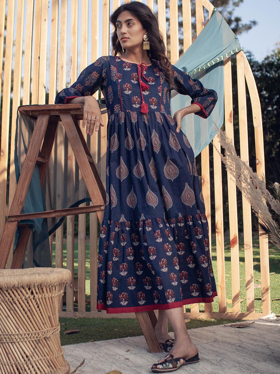 Navy Blue Printed Cotton Dress