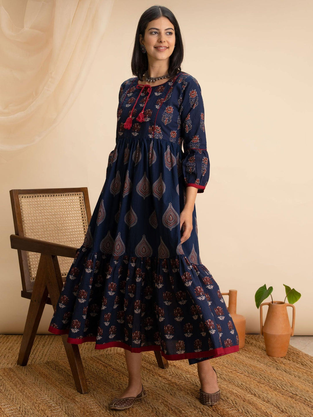 Navy Blue Printed Cotton Dress - ShopLibas