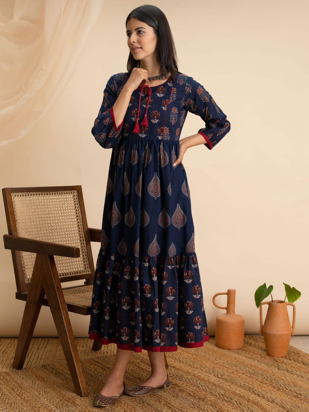 Navy Blue Printed Cotton Dress - ShopLibas