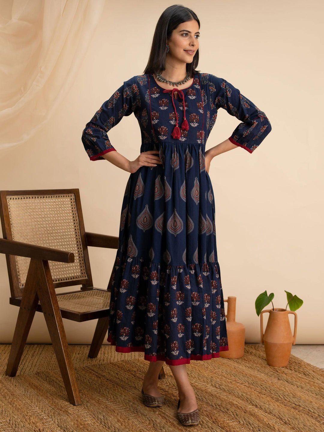 Navy Blue Printed Cotton Dress - ShopLibas