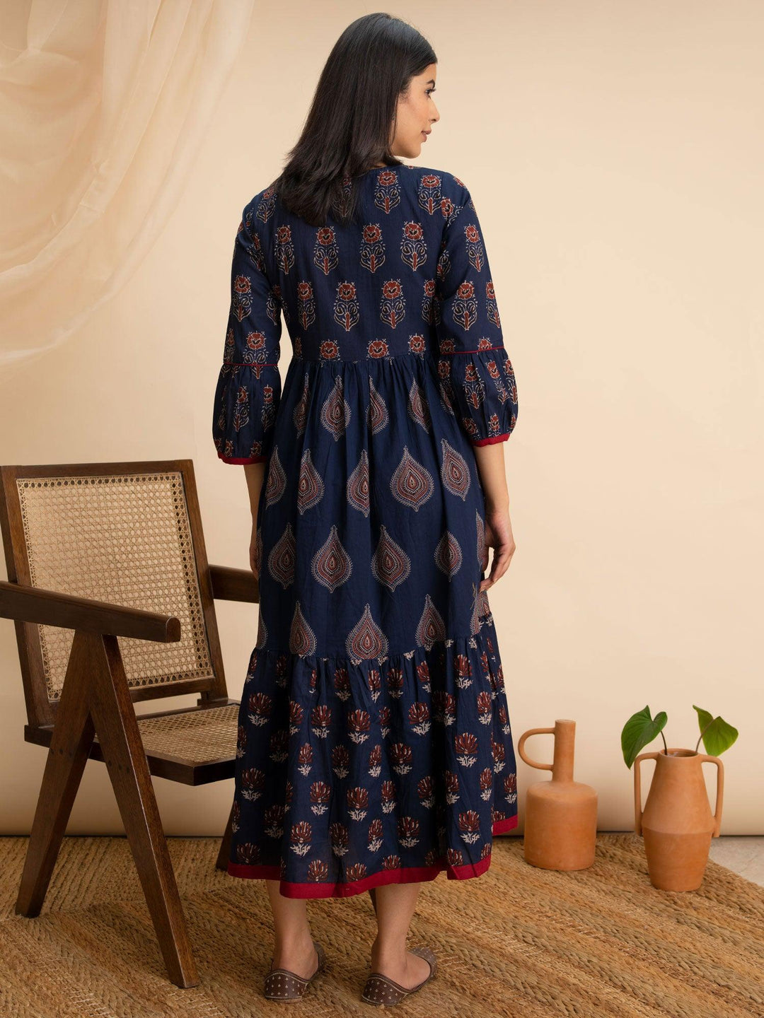 Navy Blue Printed Cotton Dress - ShopLibas