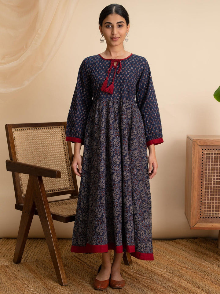 Navy Blue Printed Cotton Dress - ShopLibas