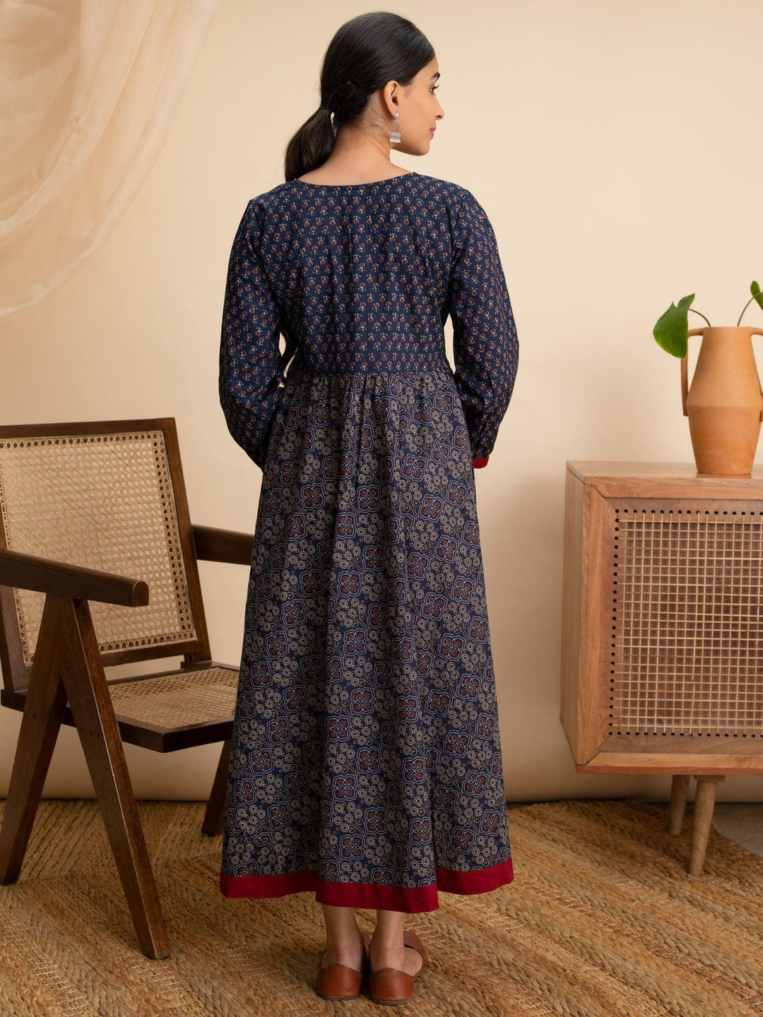 Navy Blue Printed Cotton Dress - ShopLibas