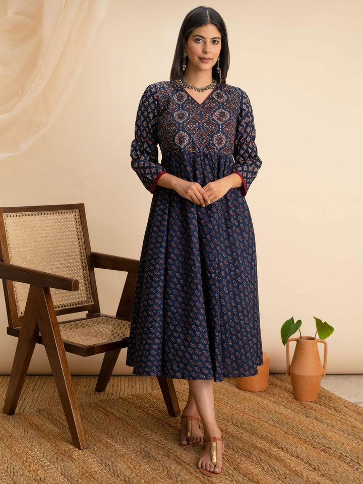 Navy Blue Printed Cotton Dress - ShopLibas