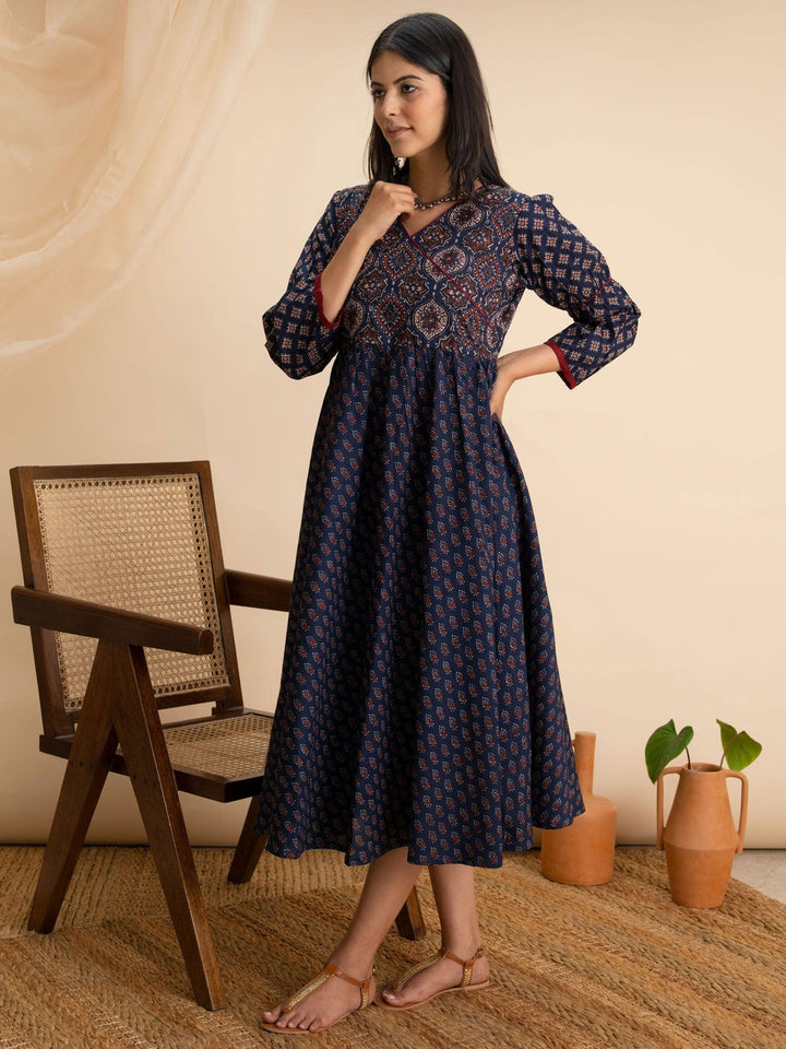 Navy Blue Printed Cotton Dress - ShopLibas