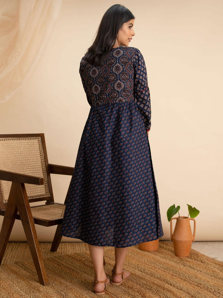 Navy Blue Printed Cotton Dress - ShopLibas