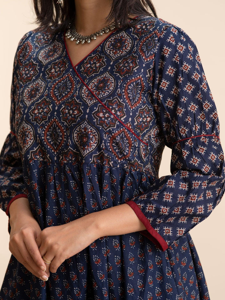 Navy Blue Printed Cotton Dress - ShopLibas