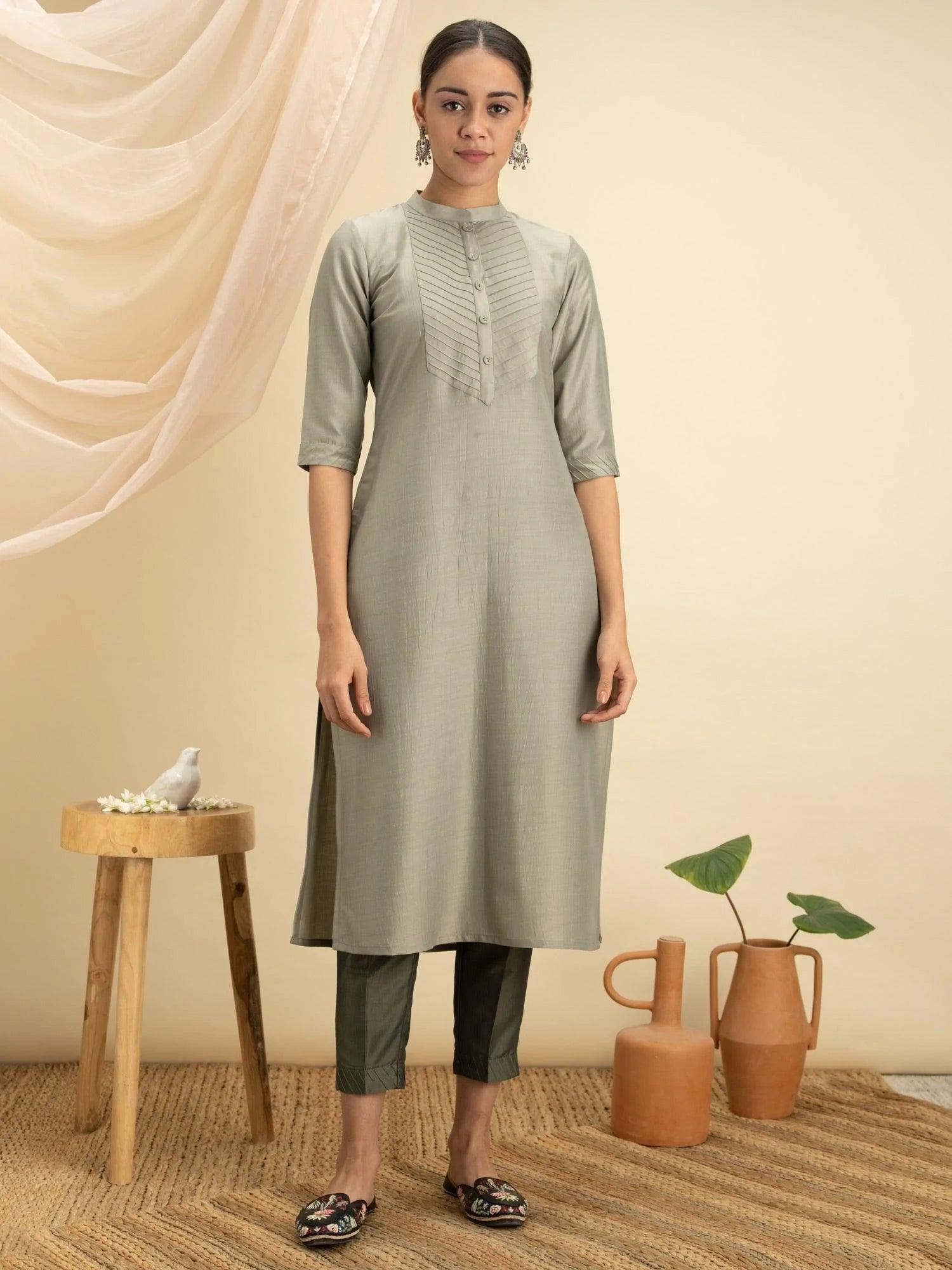 Green Solid Silk Kurta