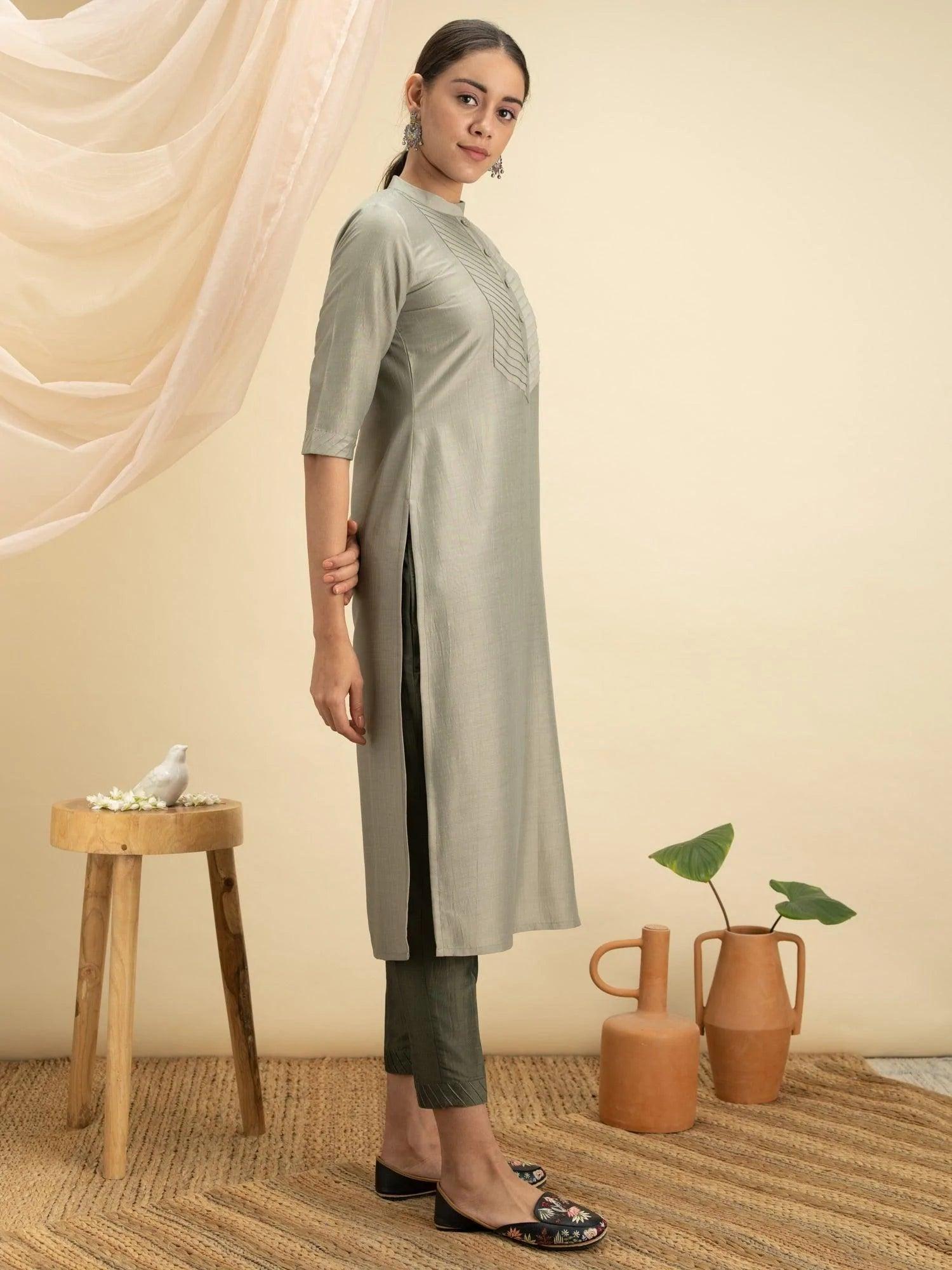 Green Solid Silk Kurta