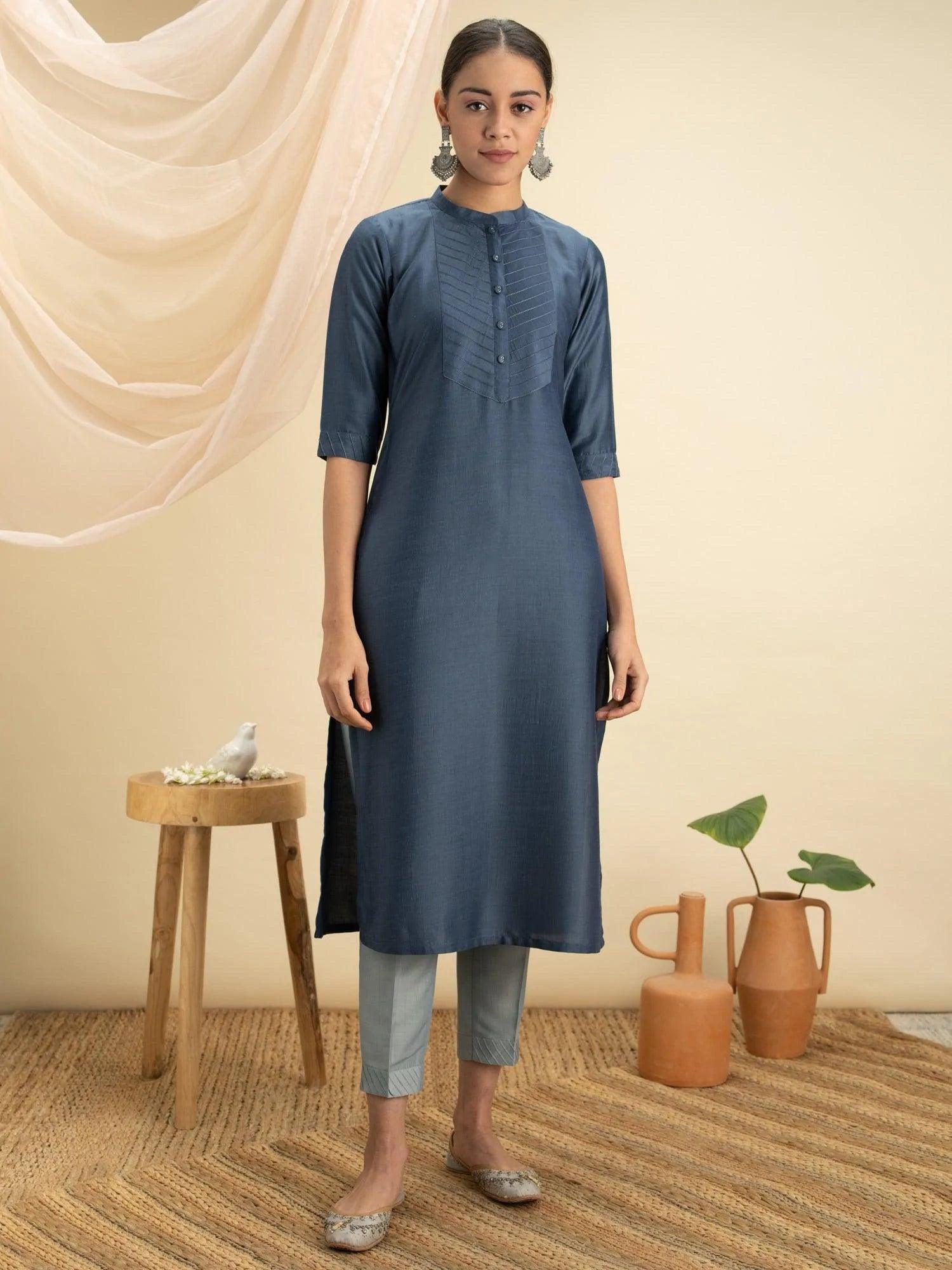 Blue Solid Silk Straight Kurta