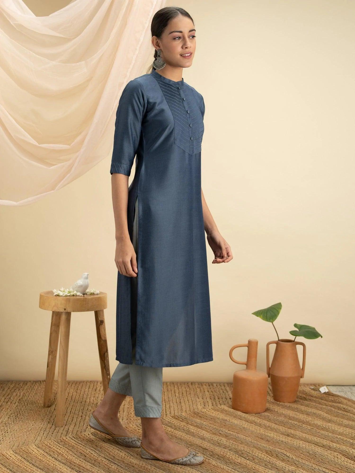 Blue Solid Silk Straight Kurta