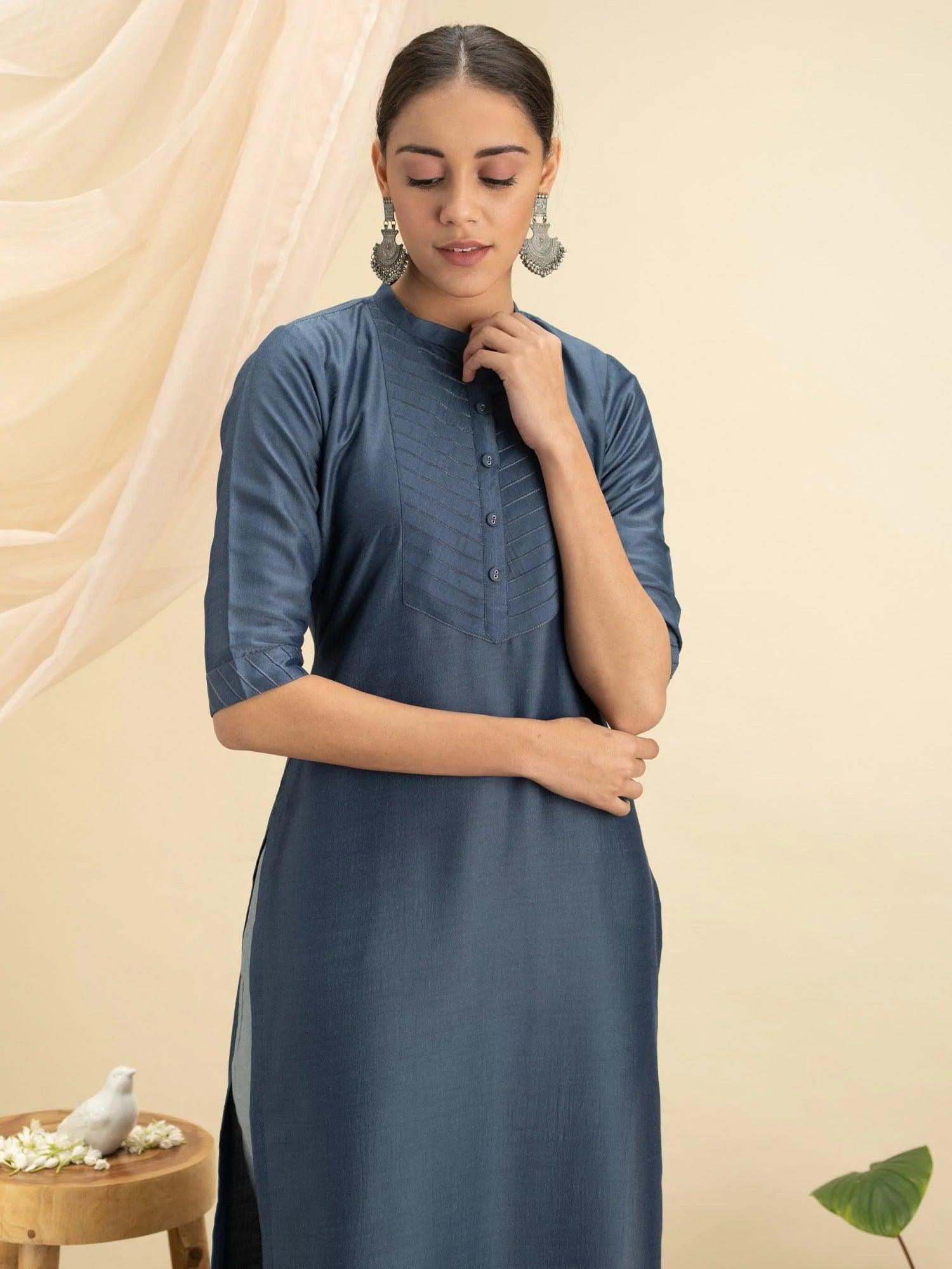 Blue Solid Silk Straight Kurta