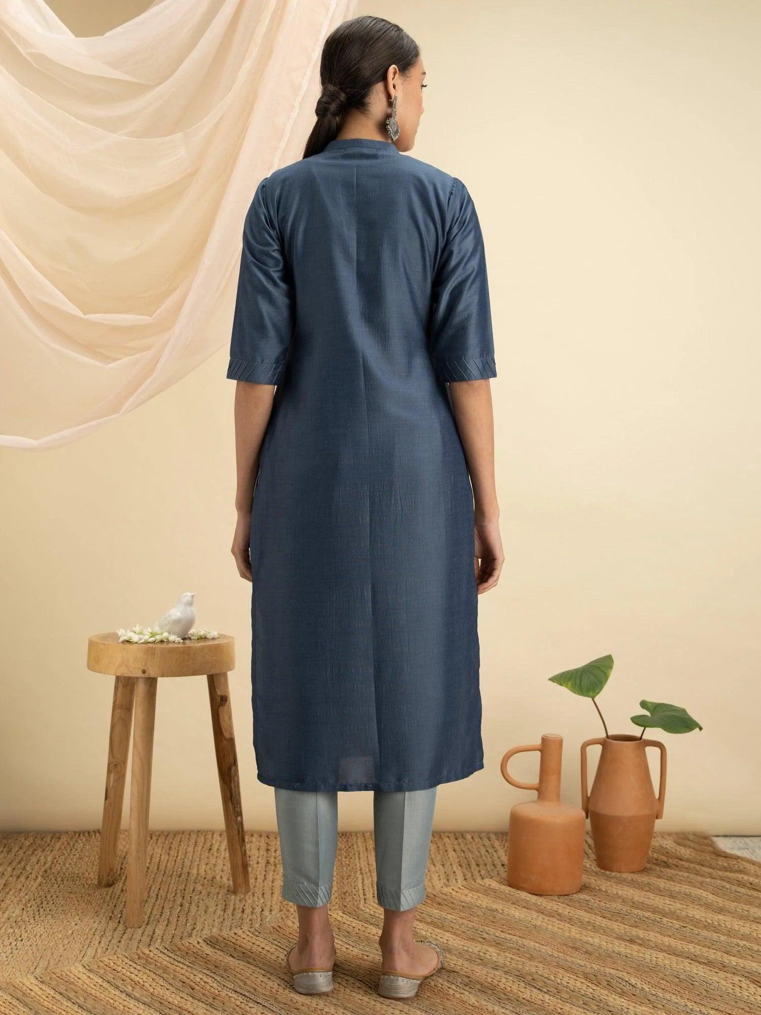 Blue Solid Silk Straight Kurta