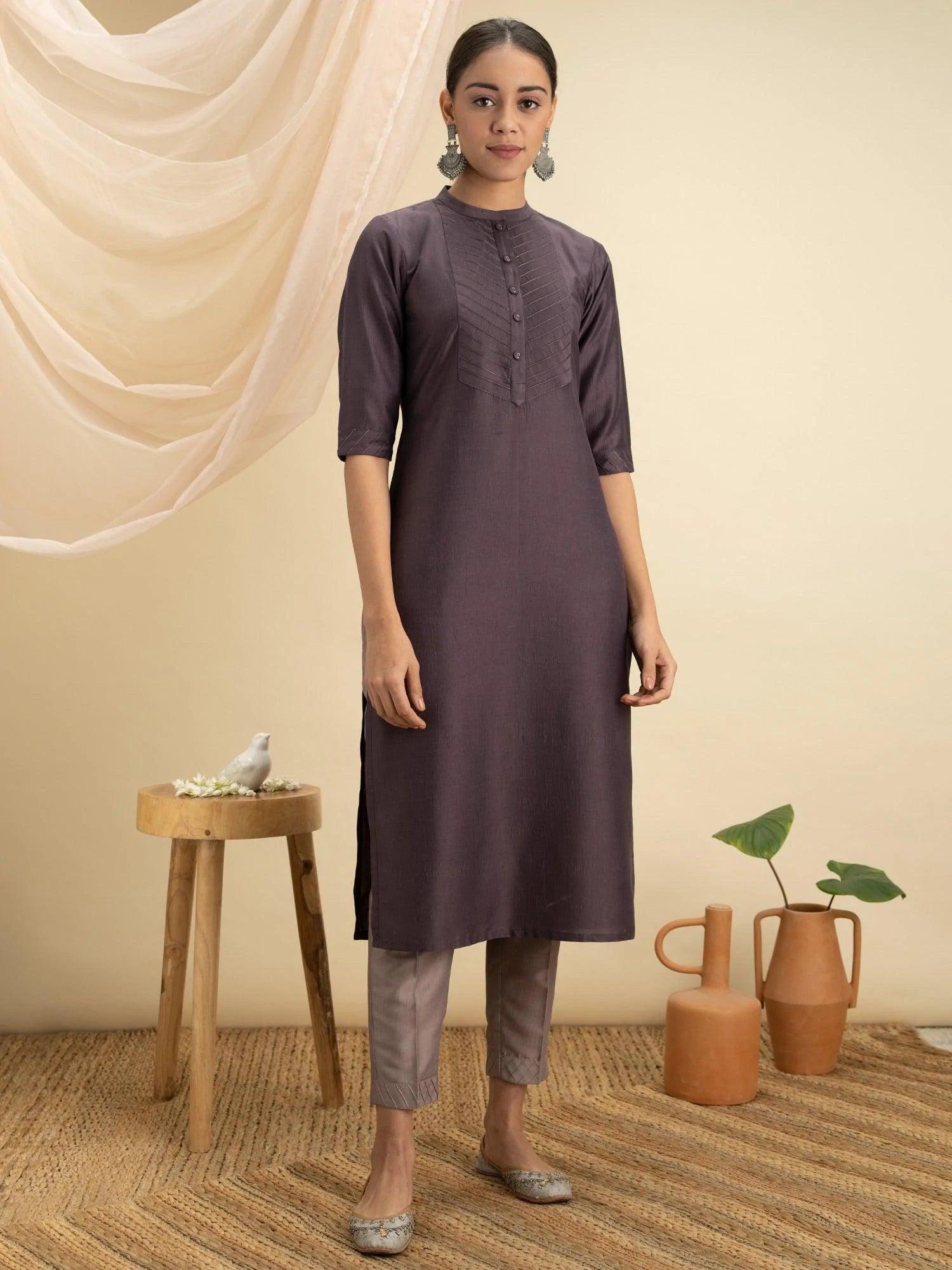 Purple Solid Silk Kurta