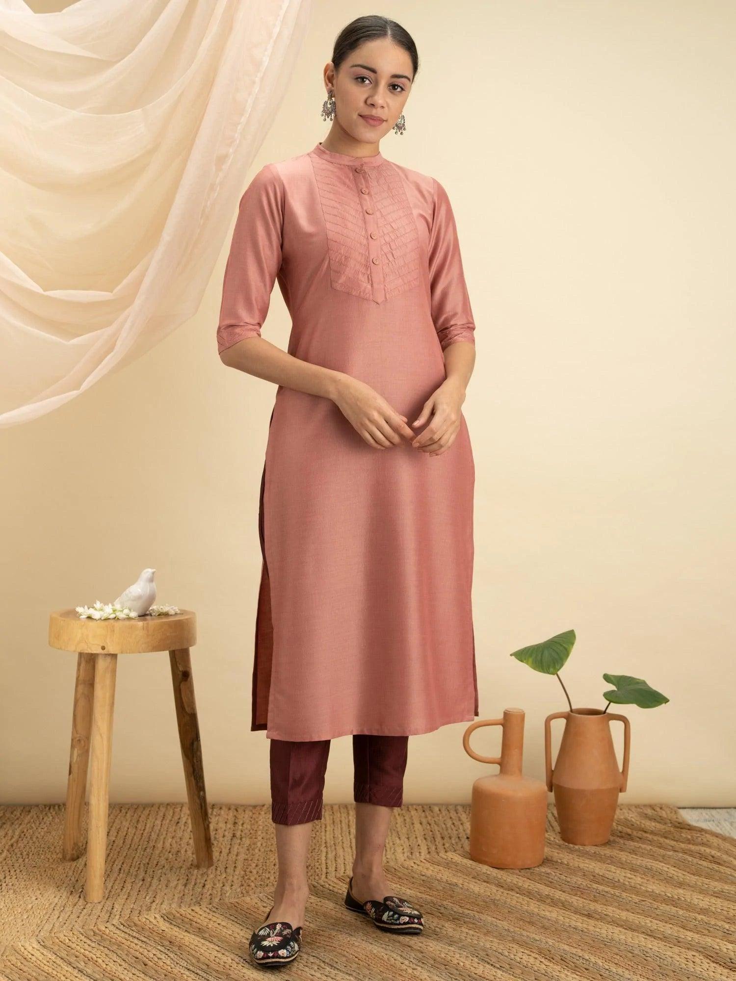 Peach Solid Silk Kurta