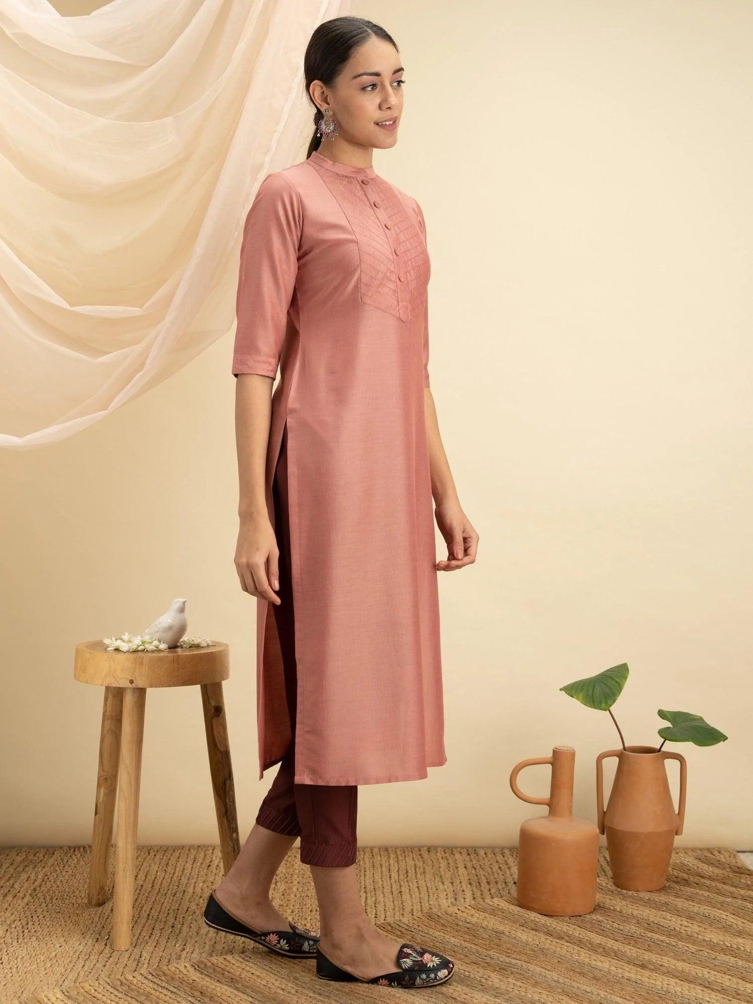 Peach Solid Silk Kurta