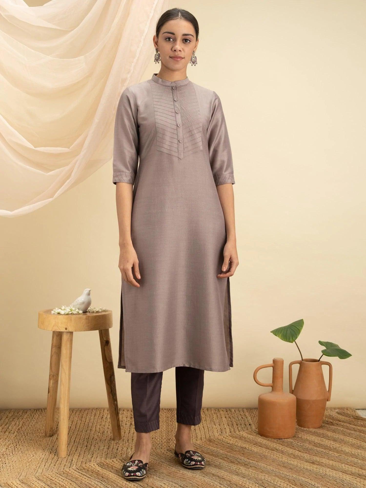 Grey Solid Silk Kurta