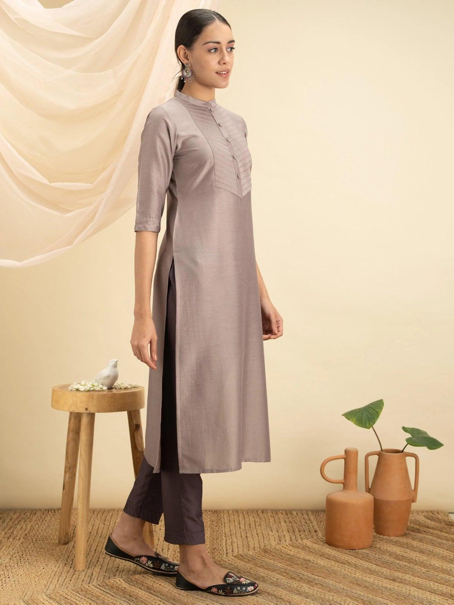 Grey Solid Silk Kurta