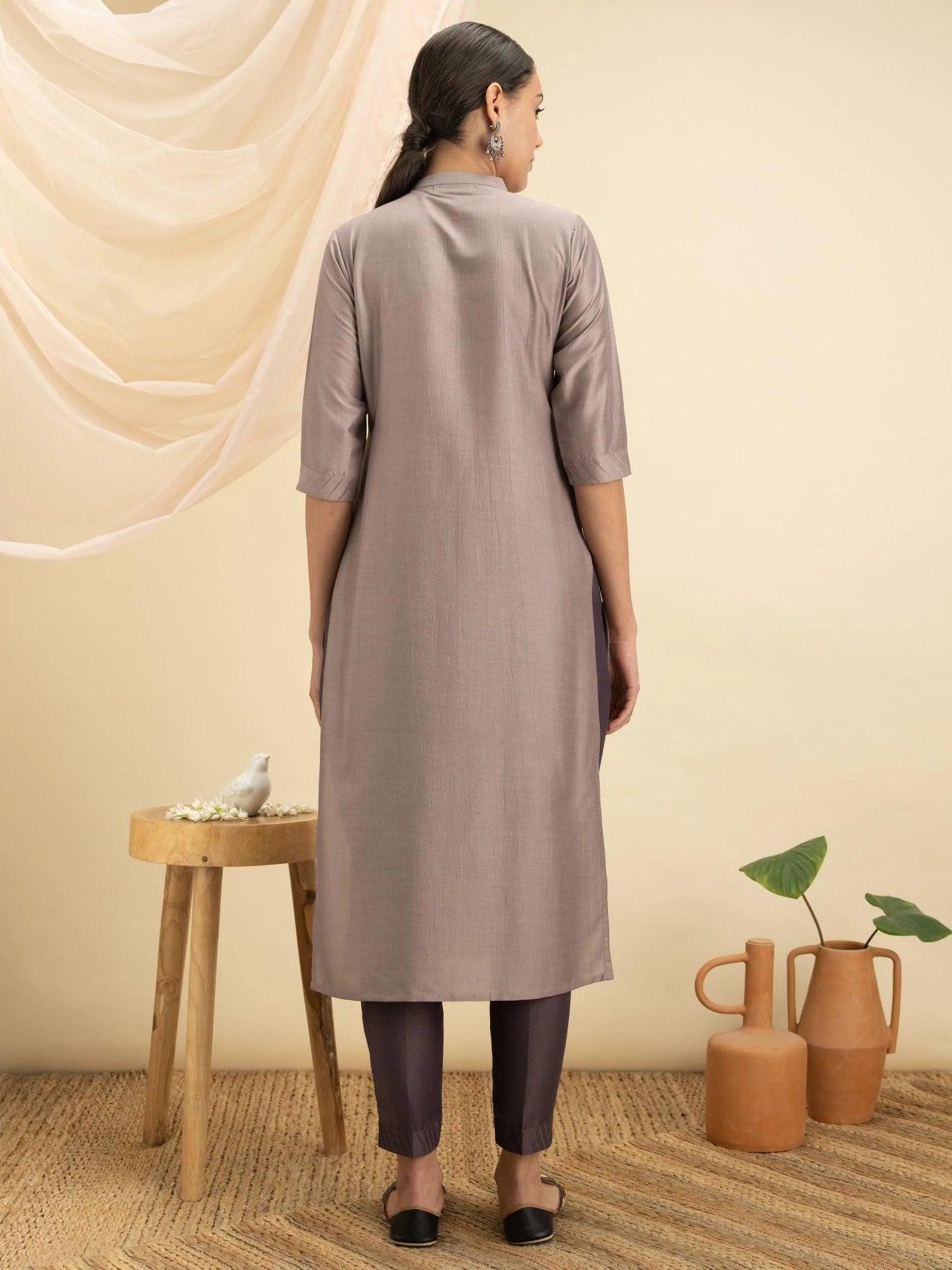 Grey Solid Silk Kurta