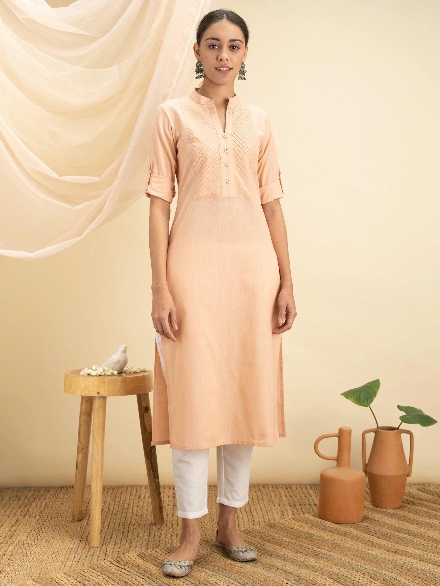 Peach Solid Cotton Kurta