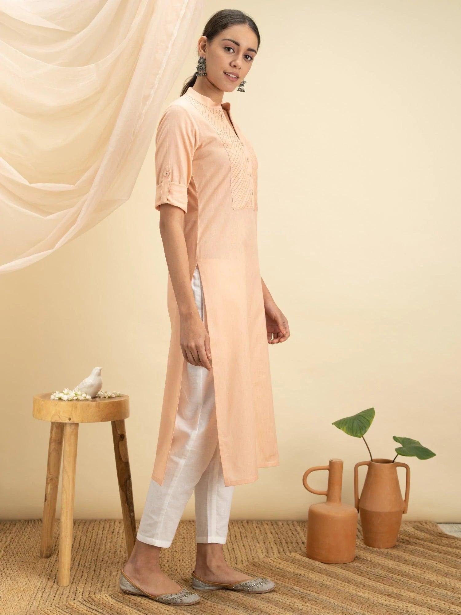 Peach Solid Cotton Kurta