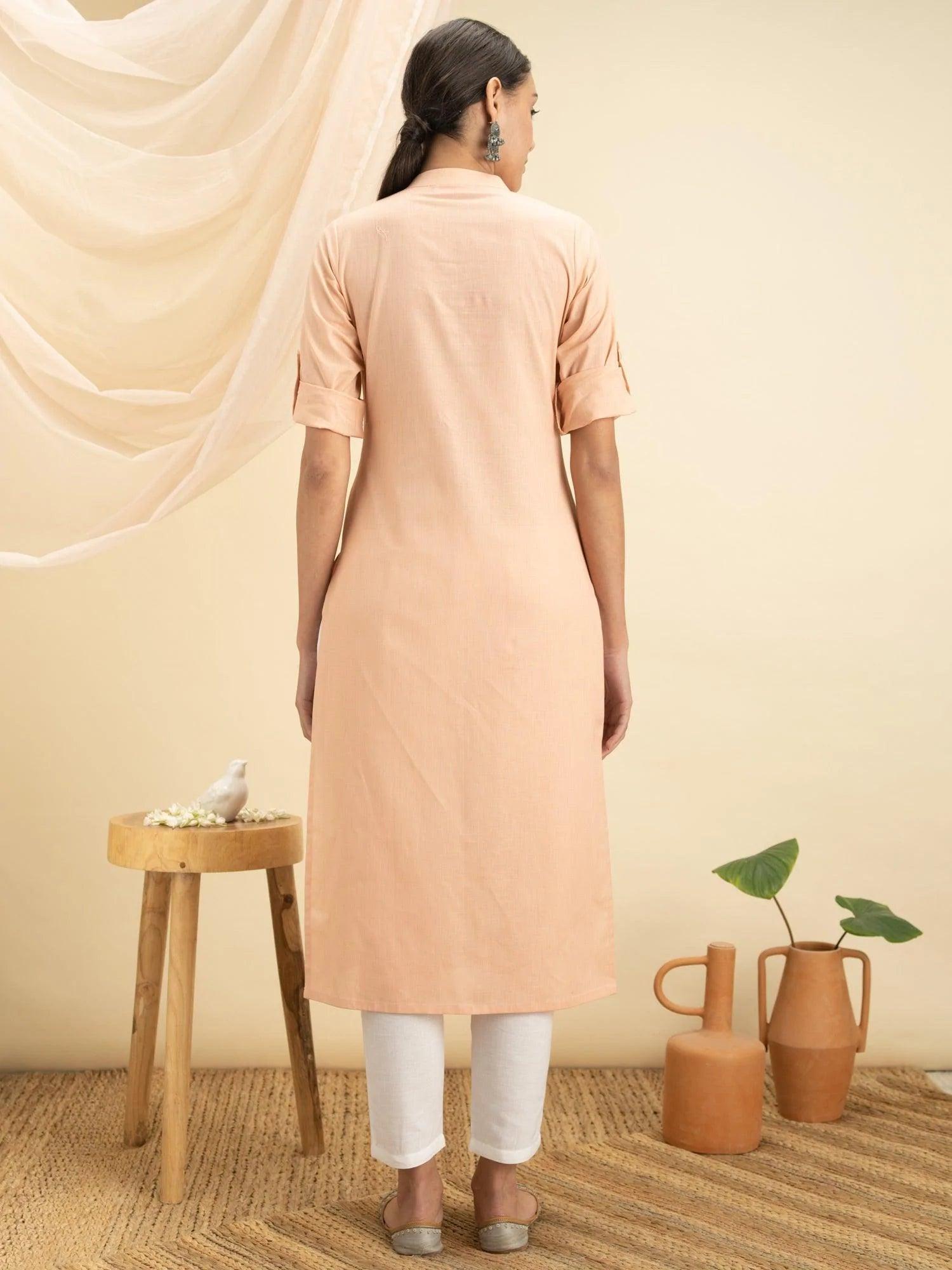 Peach Solid Cotton Kurta