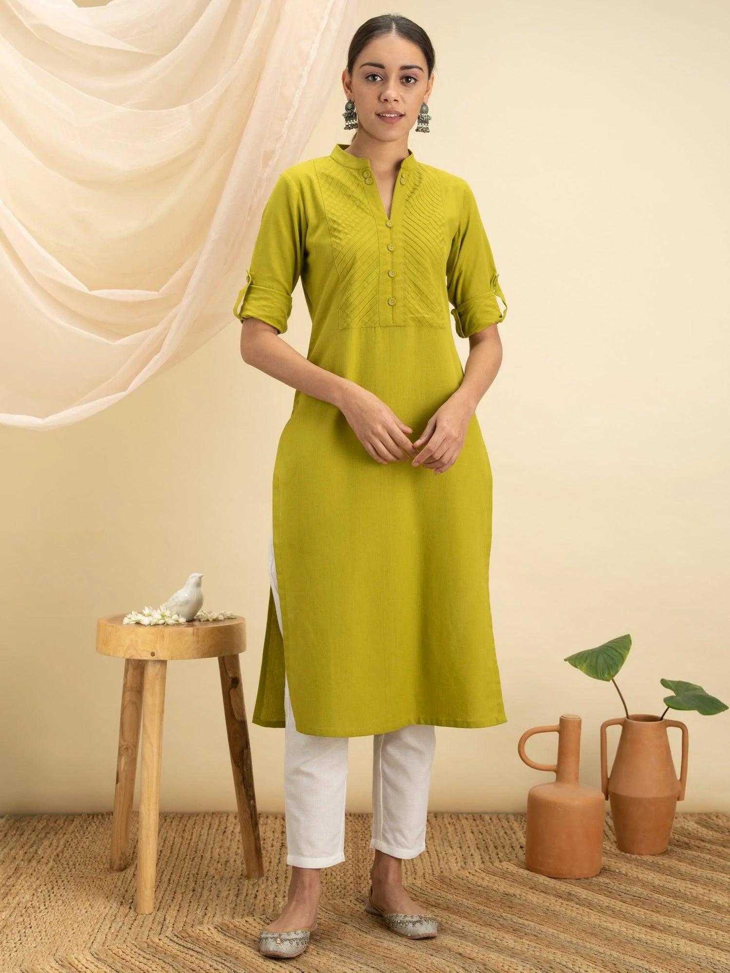 Green Solid Cotton Kurta