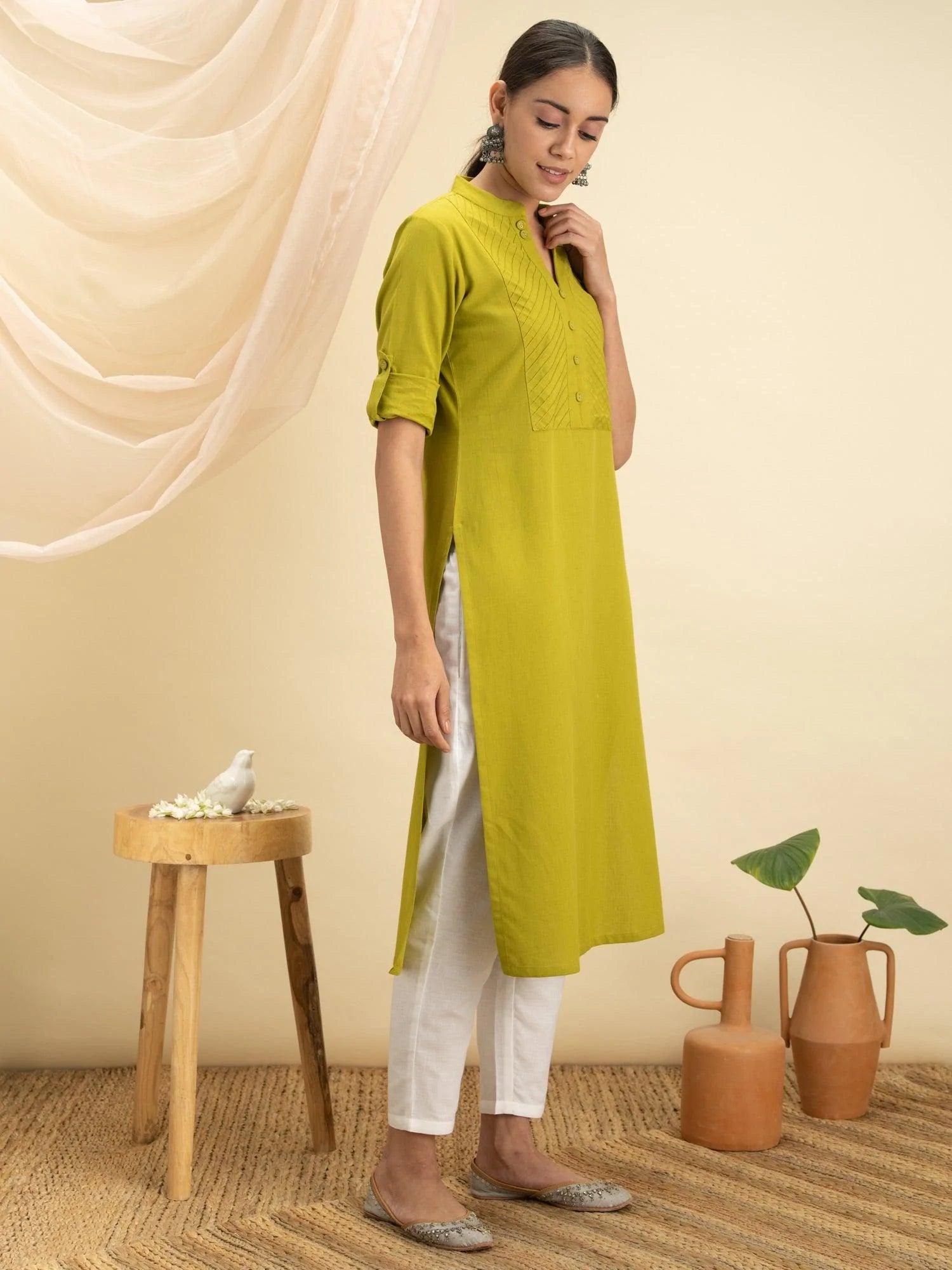 Green Solid Cotton Kurta