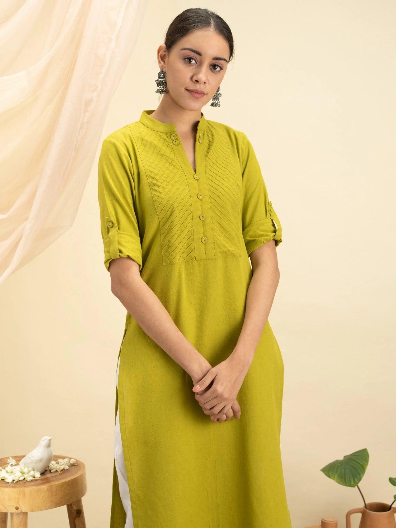 Green Solid Cotton Kurta