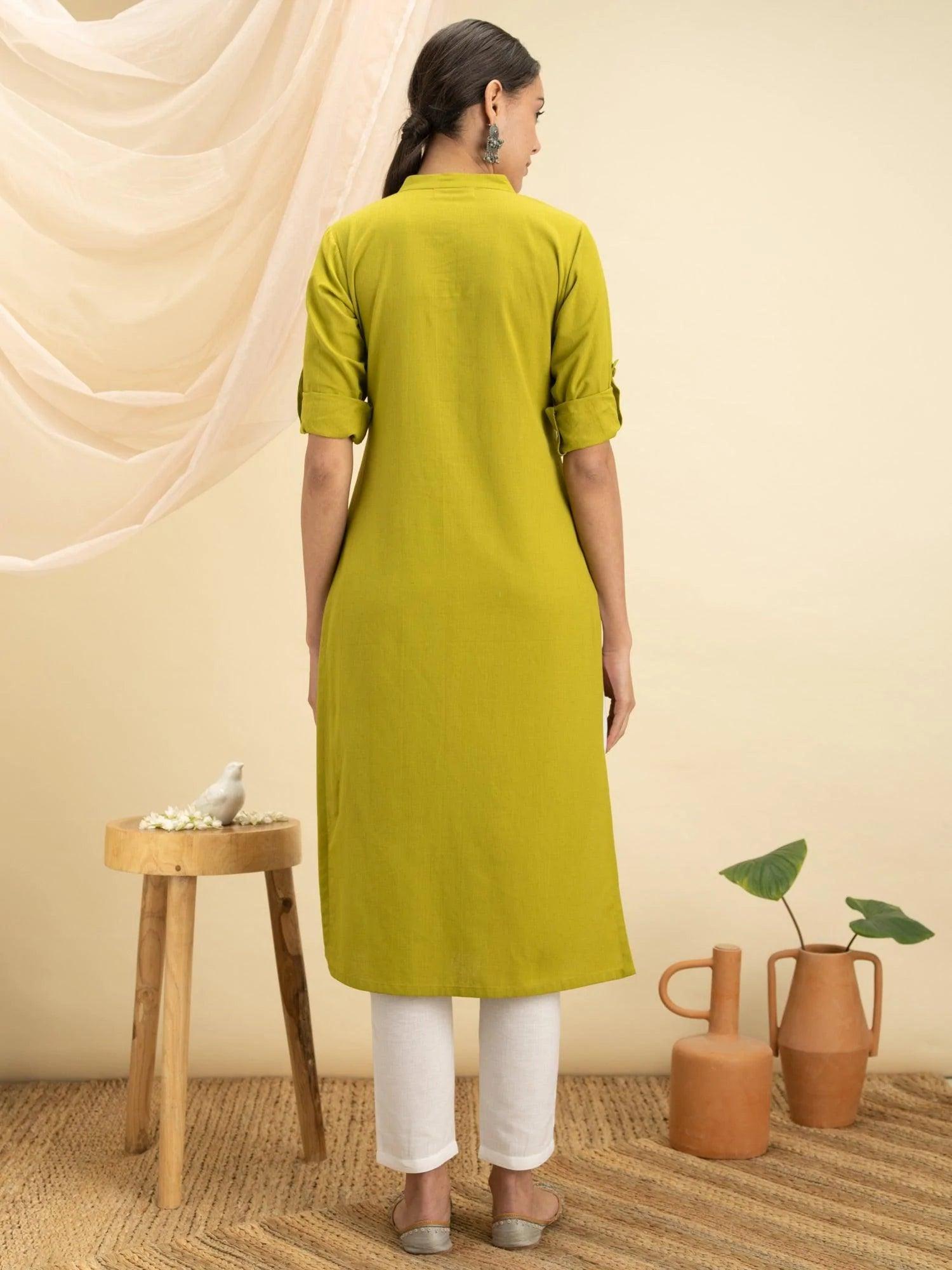 Green Solid Cotton Kurta